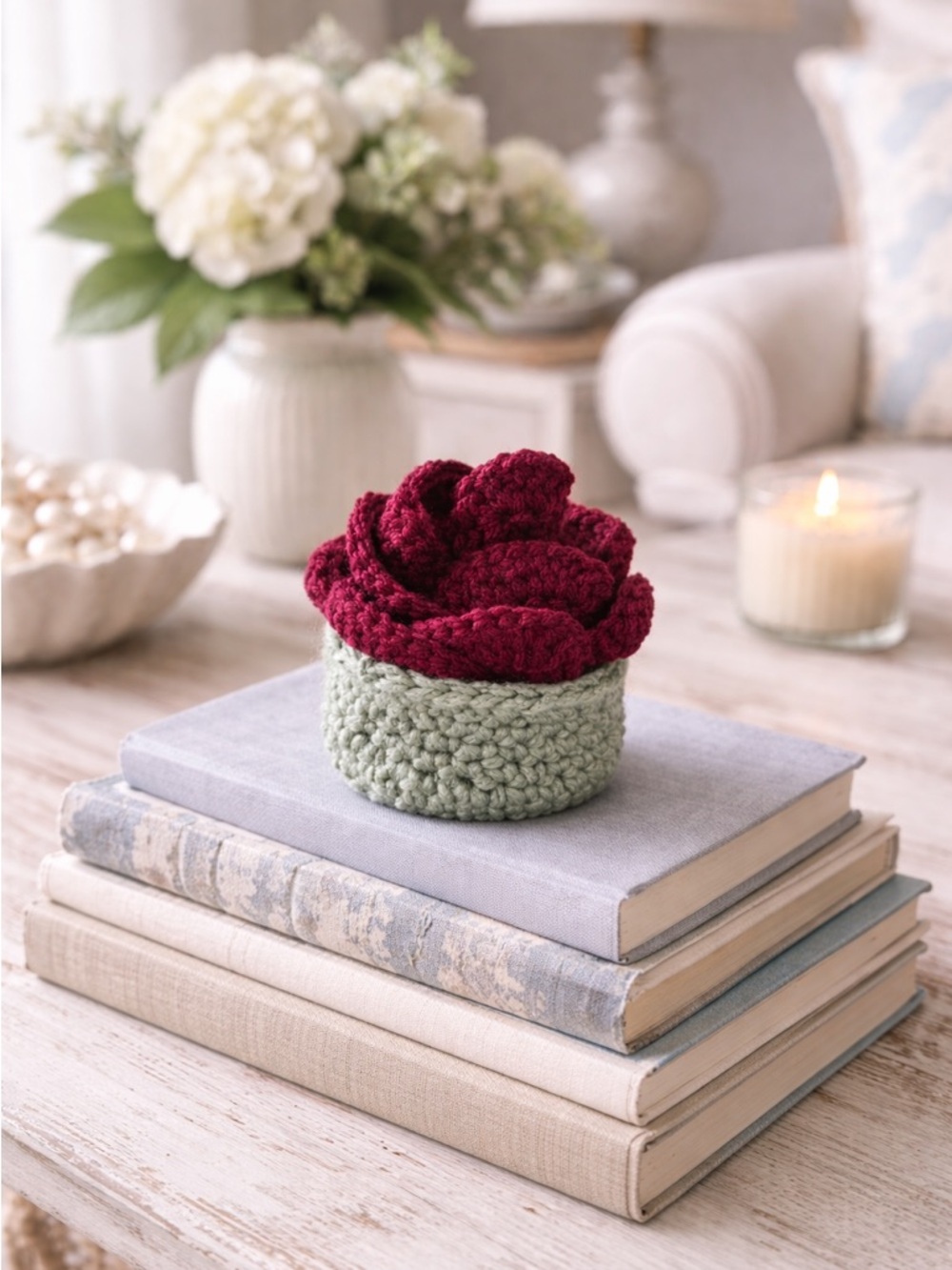 🌹SET Of Six Handcrafted Crochet Heart Shaped Coasters In Basket🌹